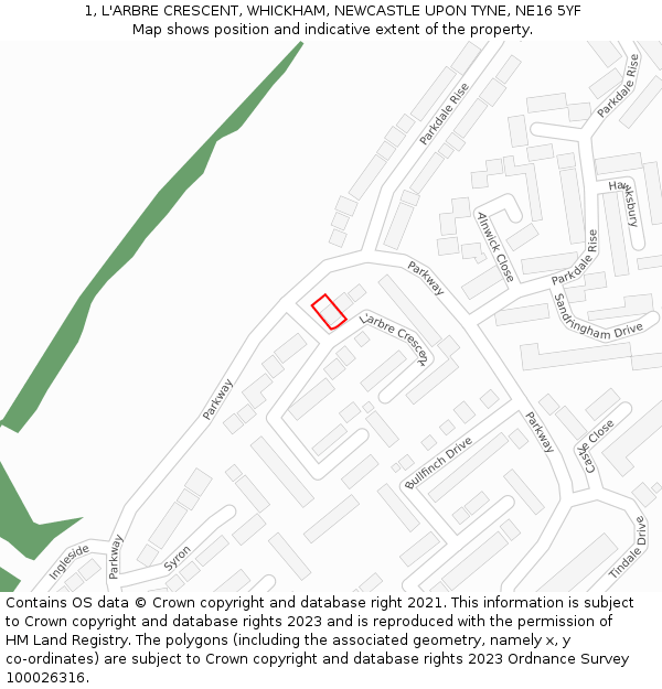 1, L'ARBRE CRESCENT, WHICKHAM, NEWCASTLE UPON TYNE, NE16 5YF: Location map and indicative extent of plot