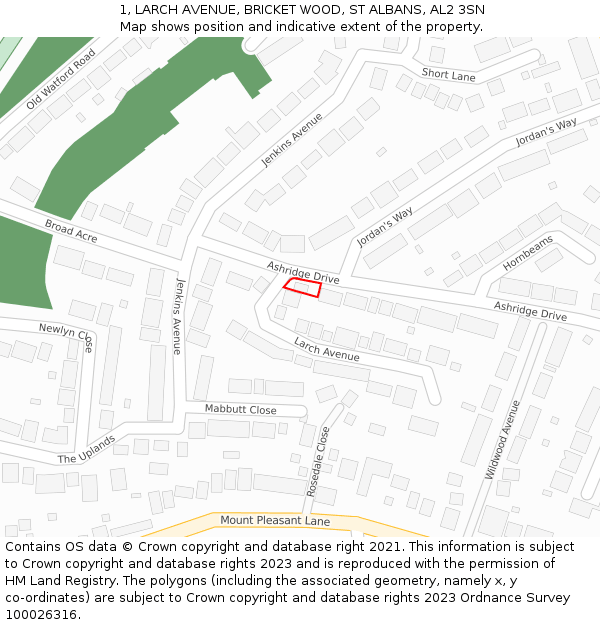 1, LARCH AVENUE, BRICKET WOOD, ST ALBANS, AL2 3SN: Location map and indicative extent of plot