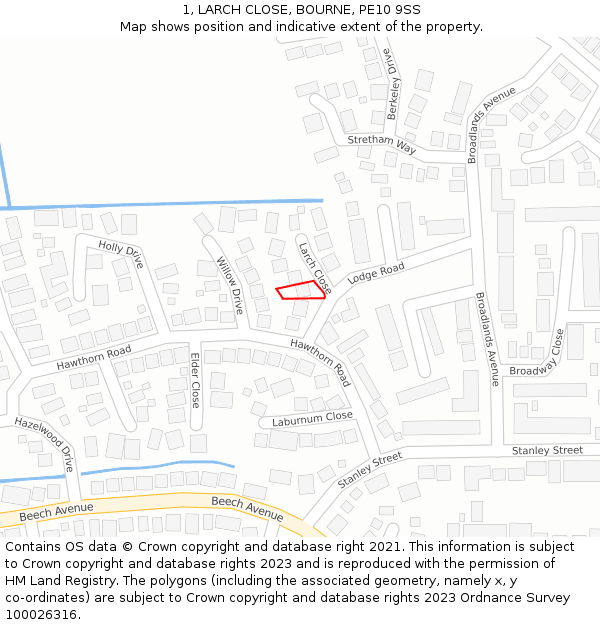 1, LARCH CLOSE, BOURNE, PE10 9SS: Location map and indicative extent of plot