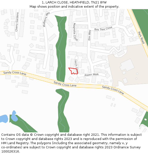 1, LARCH CLOSE, HEATHFIELD, TN21 8YW: Location map and indicative extent of plot