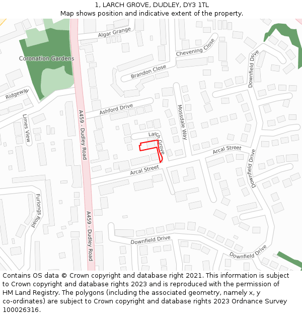 1, LARCH GROVE, DUDLEY, DY3 1TL: Location map and indicative extent of plot