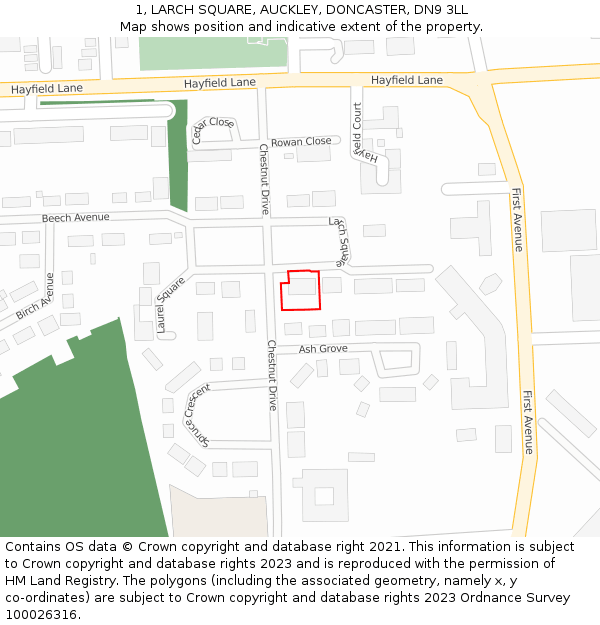 1, LARCH SQUARE, AUCKLEY, DONCASTER, DN9 3LL: Location map and indicative extent of plot