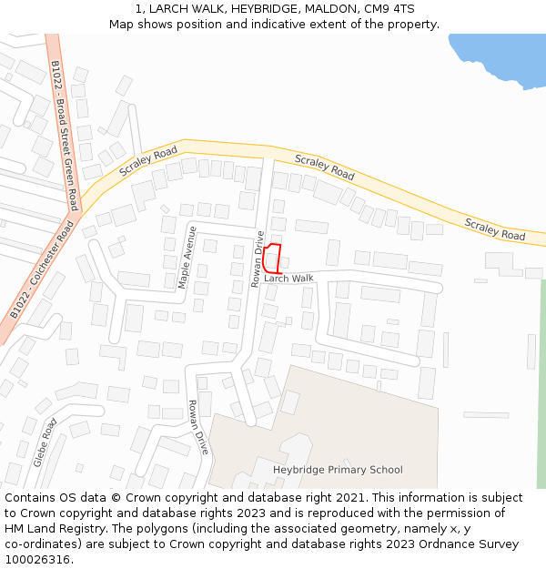 1, LARCH WALK, HEYBRIDGE, MALDON, CM9 4TS: Location map and indicative extent of plot