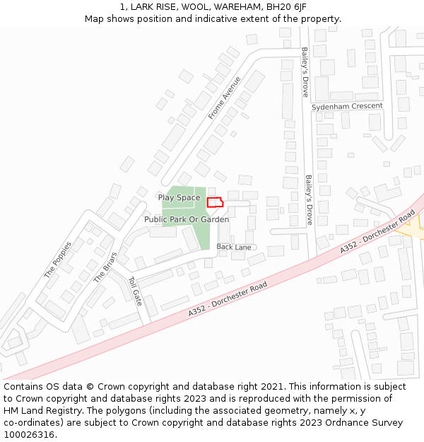 1, LARK RISE, WOOL, WAREHAM, BH20 6JF: Location map and indicative extent of plot