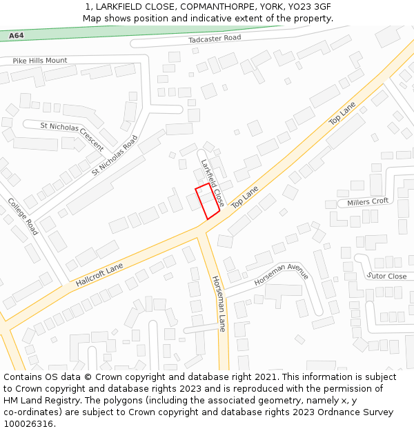 1, LARKFIELD CLOSE, COPMANTHORPE, YORK, YO23 3GF: Location map and indicative extent of plot