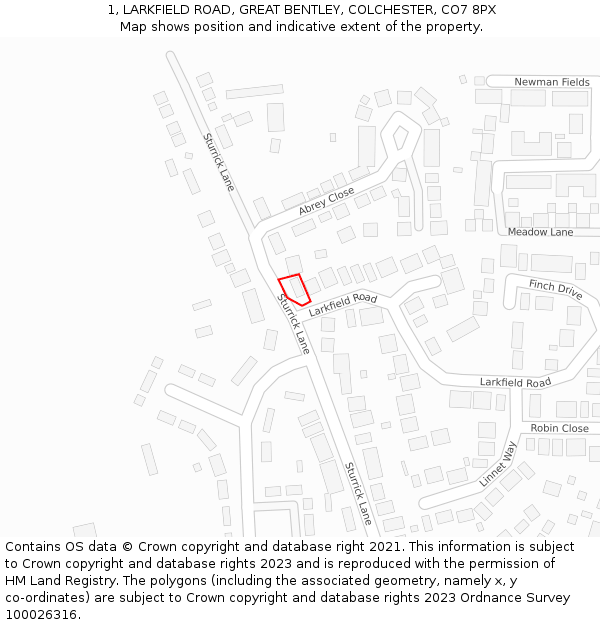 1, LARKFIELD ROAD, GREAT BENTLEY, COLCHESTER, CO7 8PX: Location map and indicative extent of plot