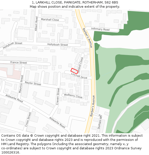 1, LARKHILL CLOSE, PARKGATE, ROTHERHAM, S62 6BS: Location map and indicative extent of plot