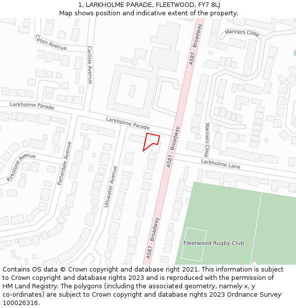 1, LARKHOLME PARADE, FLEETWOOD, FY7 8LJ: Location map and indicative extent of plot