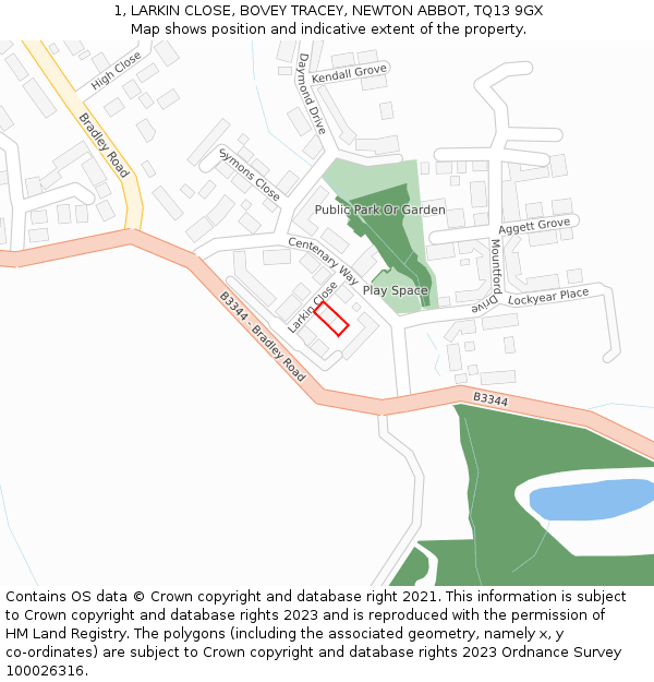 1, LARKIN CLOSE, BOVEY TRACEY, NEWTON ABBOT, TQ13 9GX: Location map and indicative extent of plot
