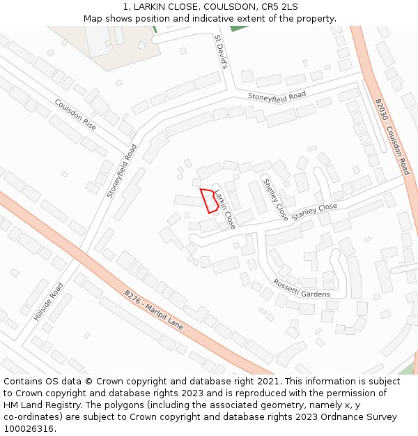 1, LARKIN CLOSE, COULSDON, CR5 2LS: Location map and indicative extent of plot