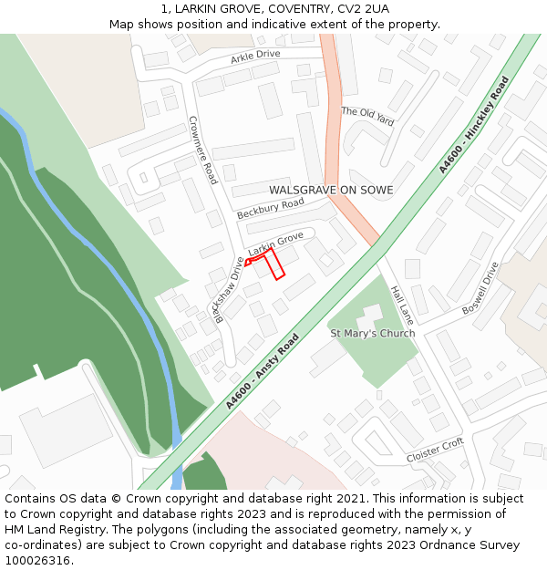 1, LARKIN GROVE, COVENTRY, CV2 2UA: Location map and indicative extent of plot