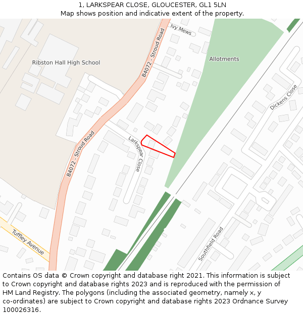 1, LARKSPEAR CLOSE, GLOUCESTER, GL1 5LN: Location map and indicative extent of plot