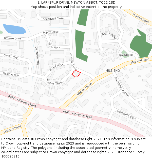 1, LARKSPUR DRIVE, NEWTON ABBOT, TQ12 1SD: Location map and indicative extent of plot
