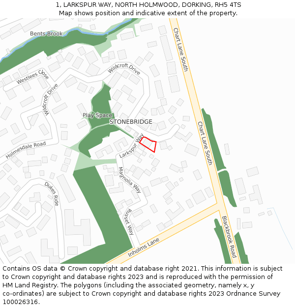 1, LARKSPUR WAY, NORTH HOLMWOOD, DORKING, RH5 4TS: Location map and indicative extent of plot