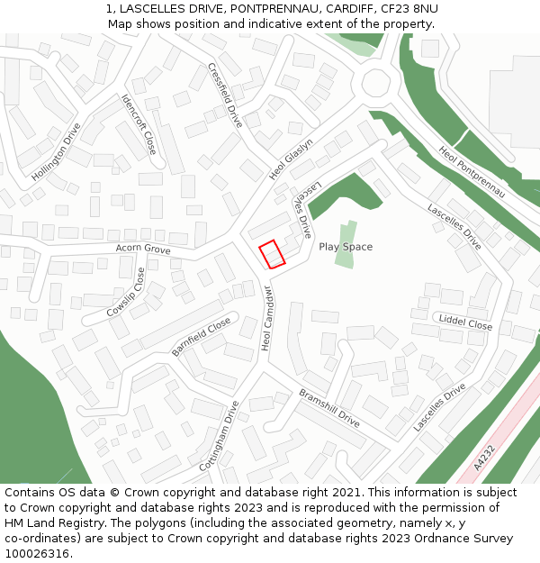 1, LASCELLES DRIVE, PONTPRENNAU, CARDIFF, CF23 8NU: Location map and indicative extent of plot