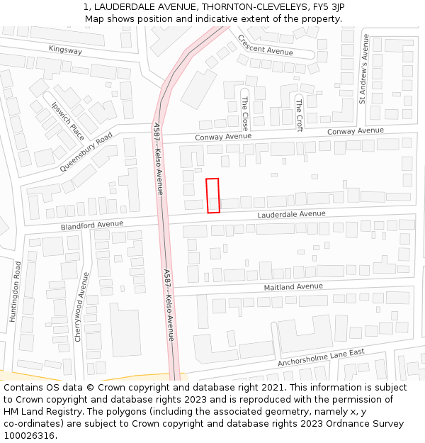 1, LAUDERDALE AVENUE, THORNTON-CLEVELEYS, FY5 3JP: Location map and indicative extent of plot