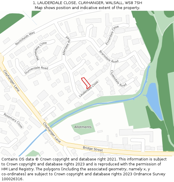 1, LAUDERDALE CLOSE, CLAYHANGER, WALSALL, WS8 7SH: Location map and indicative extent of plot