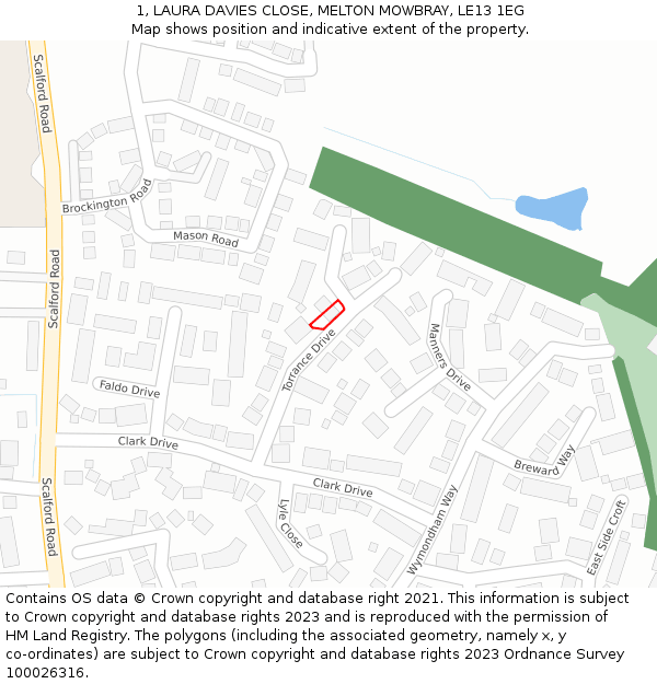 1, LAURA DAVIES CLOSE, MELTON MOWBRAY, LE13 1EG: Location map and indicative extent of plot