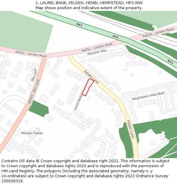 1, LAUREL BANK, FELDEN, HEMEL HEMPSTEAD, HP3 0NX: Location map and indicative extent of plot