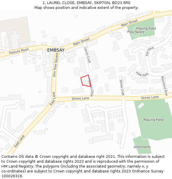 1, LAUREL CLOSE, EMBSAY, SKIPTON, BD23 6RS: Location map and indicative extent of plot