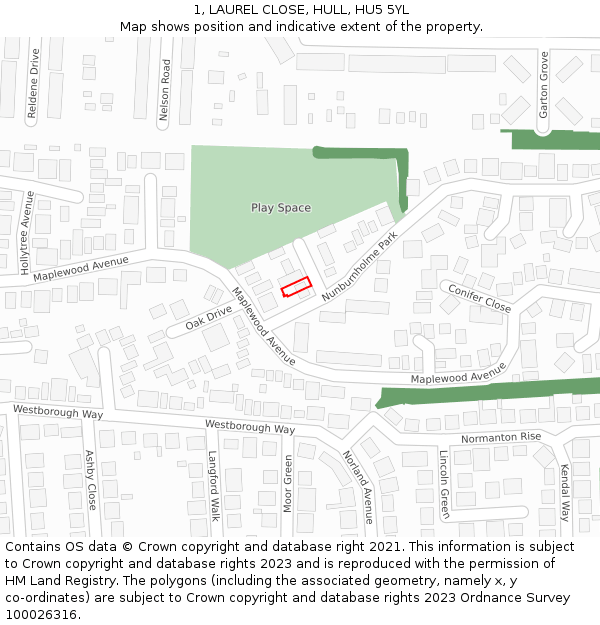 1, LAUREL CLOSE, HULL, HU5 5YL: Location map and indicative extent of plot