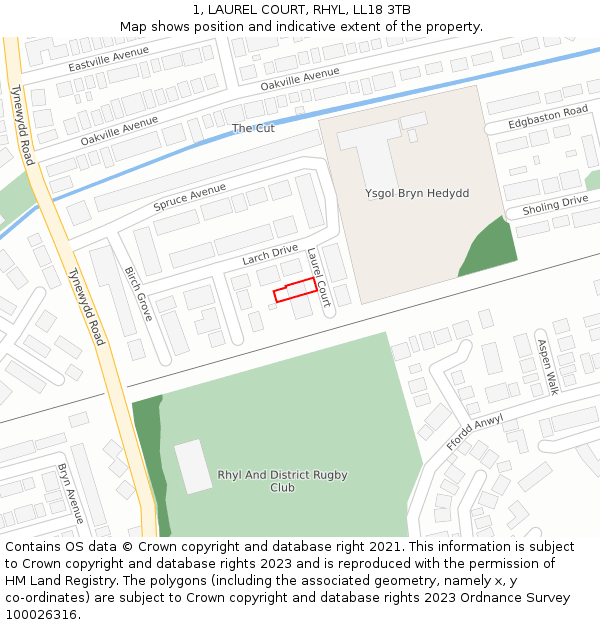 1, LAUREL COURT, RHYL, LL18 3TB: Location map and indicative extent of plot