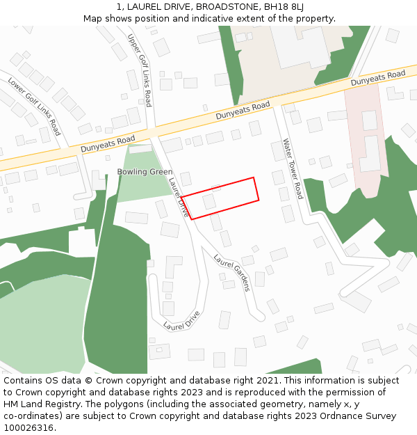 1, LAUREL DRIVE, BROADSTONE, BH18 8LJ: Location map and indicative extent of plot