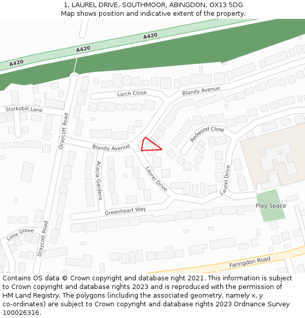 1, LAUREL DRIVE, SOUTHMOOR, ABINGDON, OX13 5DG: Location map and indicative extent of plot