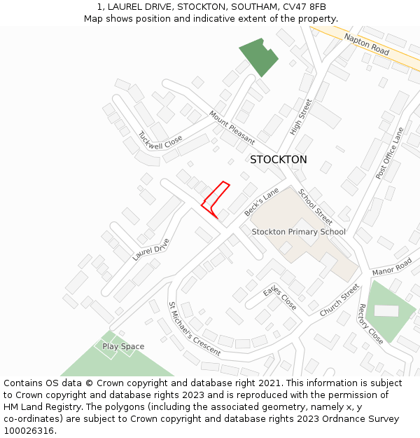 1, LAUREL DRIVE, STOCKTON, SOUTHAM, CV47 8FB: Location map and indicative extent of plot