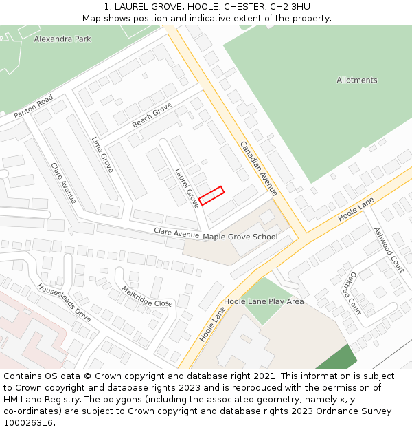 1, LAUREL GROVE, HOOLE, CHESTER, CH2 3HU: Location map and indicative extent of plot