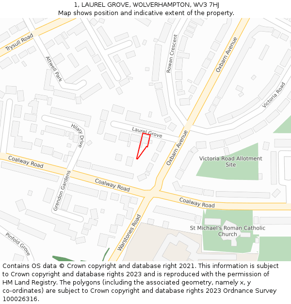 1, LAUREL GROVE, WOLVERHAMPTON, WV3 7HJ: Location map and indicative extent of plot