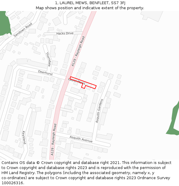 1, LAUREL MEWS, BENFLEET, SS7 3FJ: Location map and indicative extent of plot