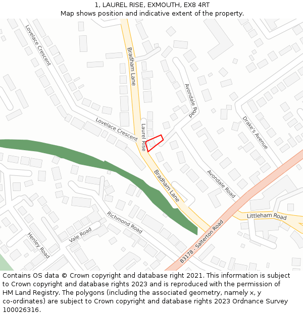 1, LAUREL RISE, EXMOUTH, EX8 4RT: Location map and indicative extent of plot