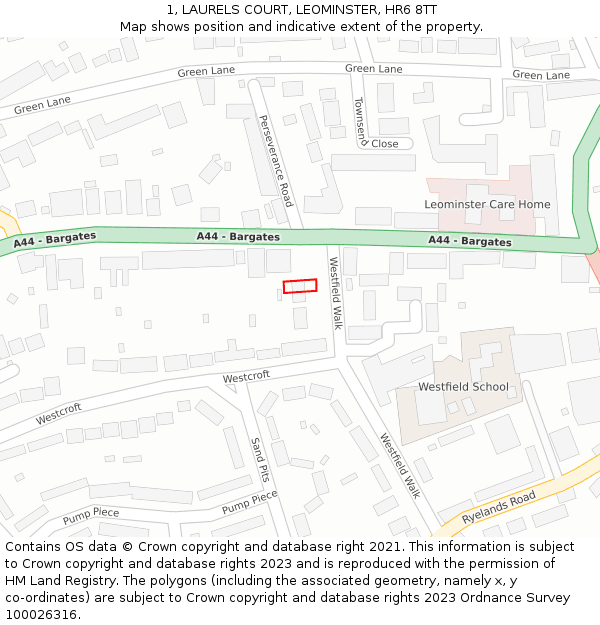 1, LAURELS COURT, LEOMINSTER, HR6 8TT: Location map and indicative extent of plot