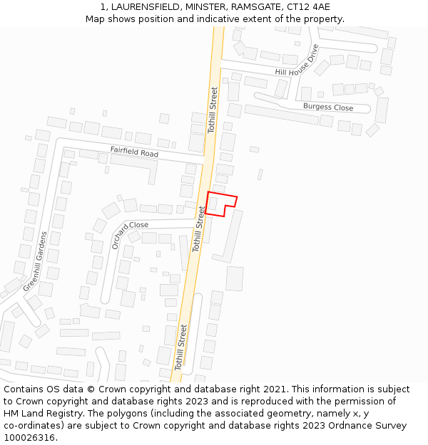 1, LAURENSFIELD, MINSTER, RAMSGATE, CT12 4AE: Location map and indicative extent of plot