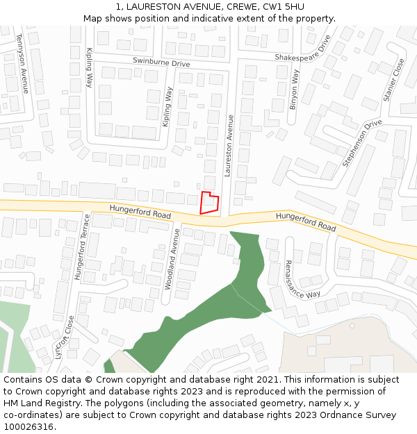 1, LAURESTON AVENUE, CREWE, CW1 5HU: Location map and indicative extent of plot