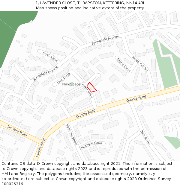 1, LAVENDER CLOSE, THRAPSTON, KETTERING, NN14 4RL: Location map and indicative extent of plot