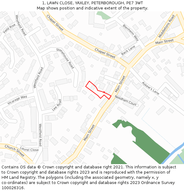 1, LAWN CLOSE, YAXLEY, PETERBOROUGH, PE7 3WT: Location map and indicative extent of plot