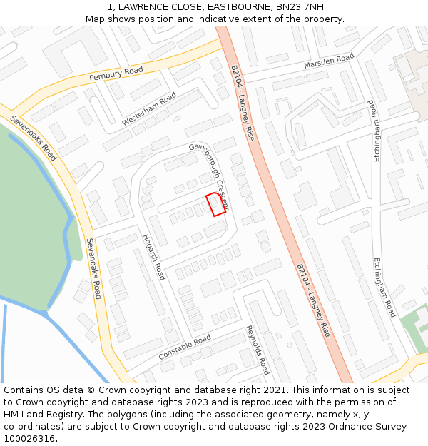 1, LAWRENCE CLOSE, EASTBOURNE, BN23 7NH: Location map and indicative extent of plot