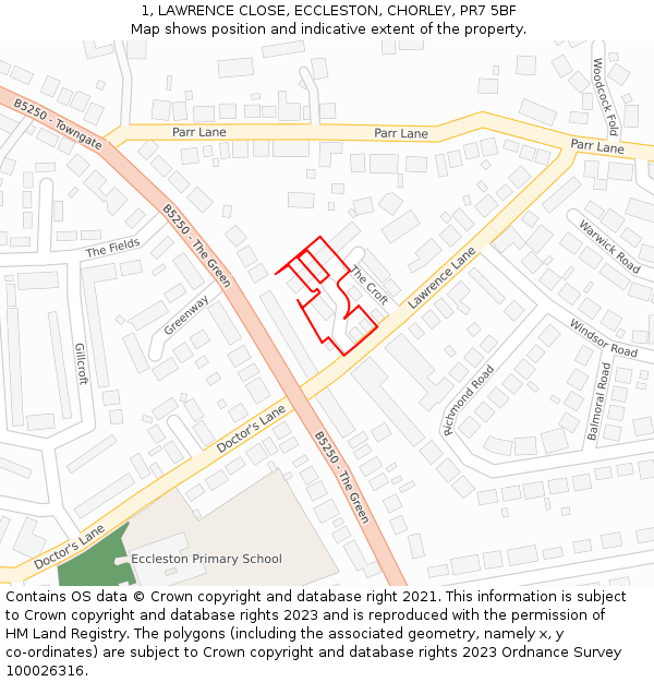 1, LAWRENCE CLOSE, ECCLESTON, CHORLEY, PR7 5BF: Location map and indicative extent of plot