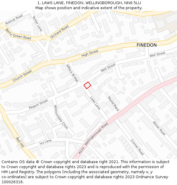 1, LAWS LANE, FINEDON, WELLINGBOROUGH, NN9 5LU: Location map and indicative extent of plot