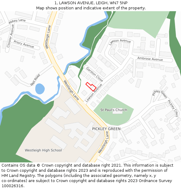 1, LAWSON AVENUE, LEIGH, WN7 5NP: Location map and indicative extent of plot