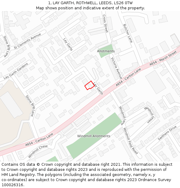 1, LAY GARTH, ROTHWELL, LEEDS, LS26 0TW: Location map and indicative extent of plot