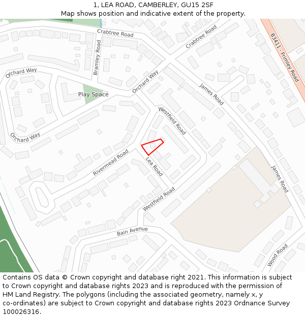 1, LEA ROAD, CAMBERLEY, GU15 2SF: Location map and indicative extent of plot