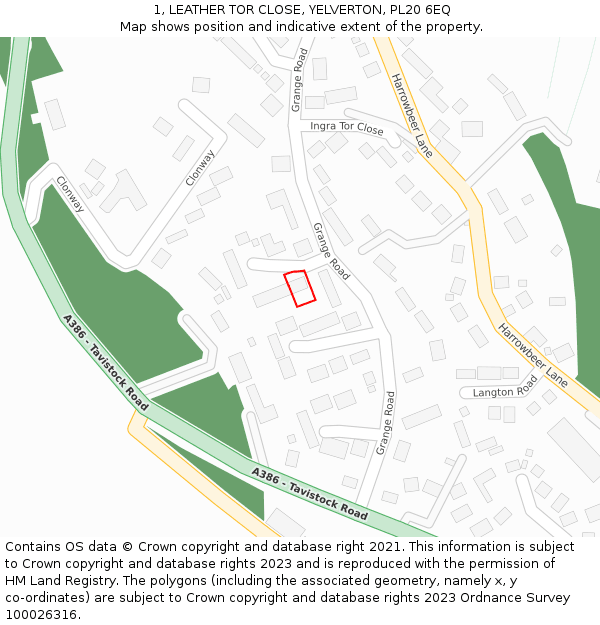 1, LEATHER TOR CLOSE, YELVERTON, PL20 6EQ: Location map and indicative extent of plot