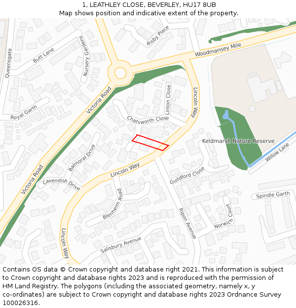 1, LEATHLEY CLOSE, BEVERLEY, HU17 8UB: Location map and indicative extent of plot