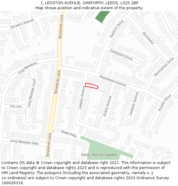 1, LEDSTON AVENUE, GARFORTH, LEEDS, LS25 2BP: Location map and indicative extent of plot