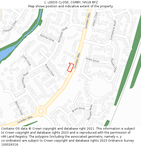 1, LEEDS CLOSE, CORBY, NN18 8PZ: Location map and indicative extent of plot
