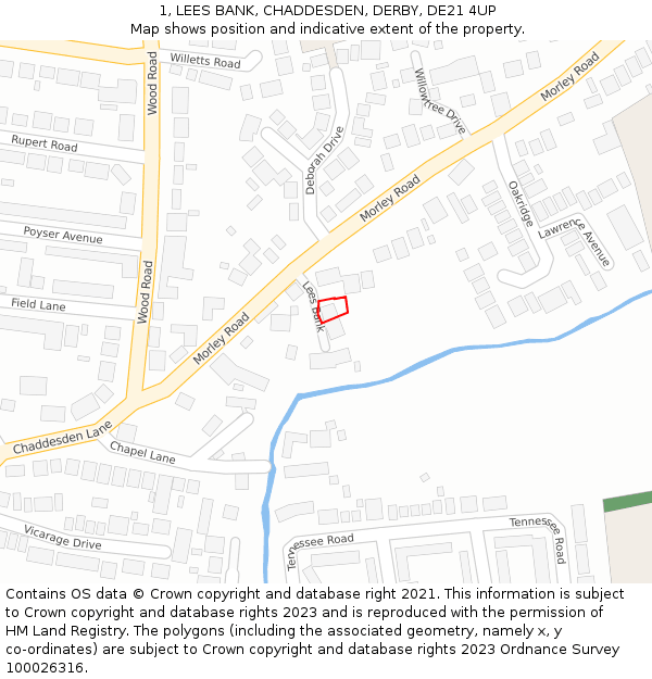 1, LEES BANK, CHADDESDEN, DERBY, DE21 4UP: Location map and indicative extent of plot