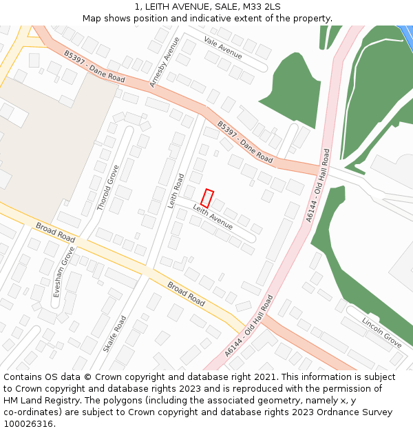 1, LEITH AVENUE, SALE, M33 2LS: Location map and indicative extent of plot